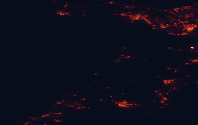 Satellite night-light map of the 100 km around the North Devon coast, with Swansea, Cardiff and Plymouth marked