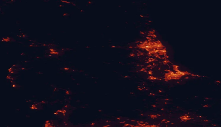 Satellite night-light map of the 100 km around the North Pennines, with Newcastle upon Tyne, Sunderland and Middlesbrough marked