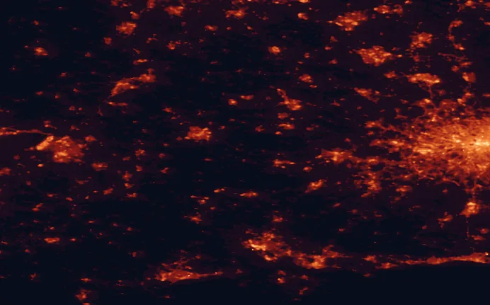 Satellite night-light map of the 100 km around the North Wessex Downs, with Reading, Bristol and Swindon marked