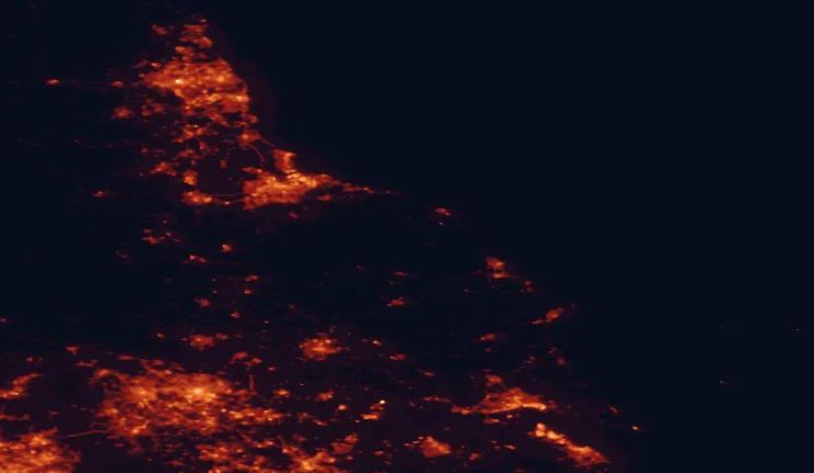 Satellite night-light map of the 100 km around the North York Moors, with Leeds, Kingston upon Hull and Bradford marked