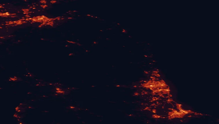 Satellite night-light map of the 100 km around Northumberland National Park, with Edinburgh, Newcastle upon Tyne and Sunderland marked