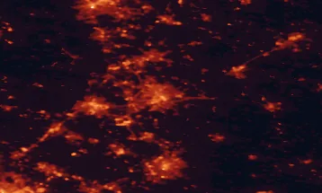 Satellite night-light map of the 50 km around Nottingham, with Derby, Leicester and Mansfield marked