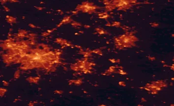 Satellite night-light map of the 50 km around Nuneaton, with Birmingham, Coventry and Leicester marked