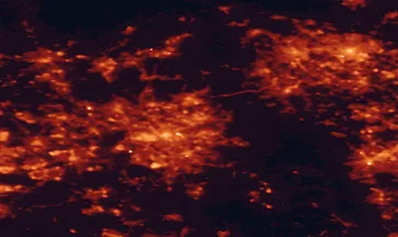 Satellite night-light map of the 50 km around Oldham, with Manchester, Sheffield and Leeds marked
