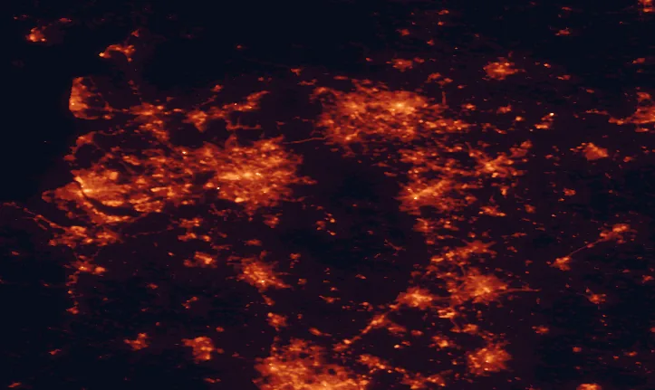 Satellite night-light map of the 100 km around the Peak District, with Manchester, Sheffield and Leeds marked