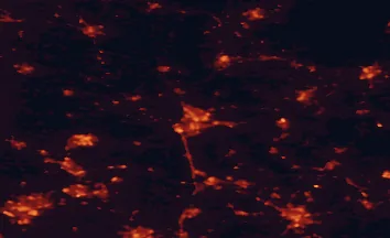 Satellite night-light map of the 50 km around Peterborough, with Northampton, Cambridge and Corby marked