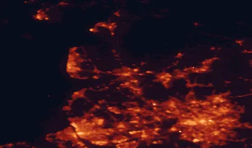 Satellite night-light map of the 50 km around Preston, with Manchester, Liverpool and Blackburn marked