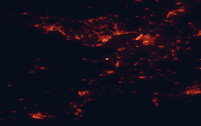 Satellite night-light map of the 100 km around the Quantock Hills, with Cardiff, Bristol and Swansea marked