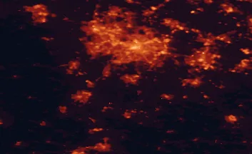 Satellite night-light map of the 50 km around Redditch, with Birmingham, Coventry and Wolverhampton marked