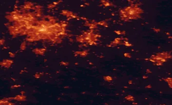 Satellite night-light map of the 50 km around Royal Leamington Spa, with Birmingham, Coventry and Leicester marked