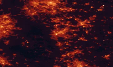Satellite night-light map of the 50 km around Sheffield, with Leeds, Rotherham and Bradford marked