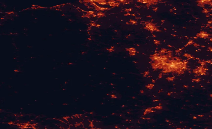 Satellite night-light map of the 100 km around the Shropshire Hills, with Birmingham, Wolverhampton and Coventry marked