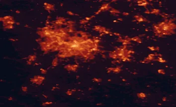 Satellite night-light map of the 50 km around Solihull, with Birmingham, Coventry and Wolverhampton marked