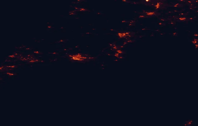 Satellite night-light map of the 100 km around South Devon, with Plymouth, Exeter and Paignton marked