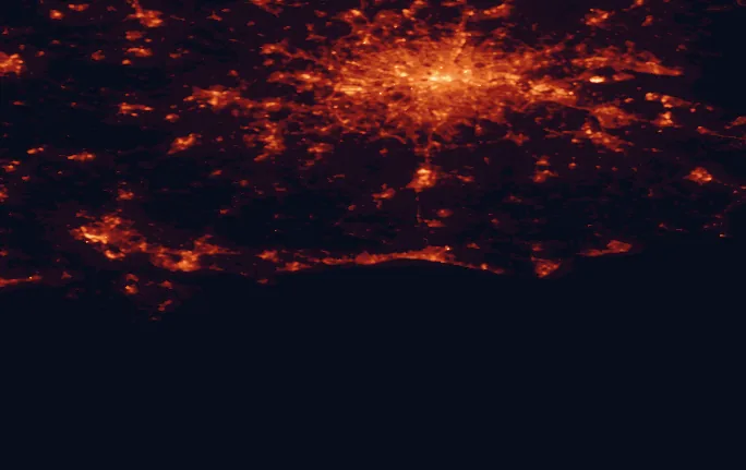 Satellite night-light map of the 100 km around South Downs National Park, with London, Brighton and Worthing marked