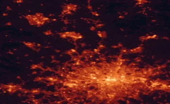 Satellite night-light map of the 50 km around St Albans, with London, Luton and Islington marked