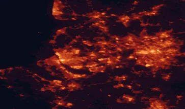 Satellite night-light map of the 50 km around St Helens, with Liverpool, Manchester and Birkenhead marked