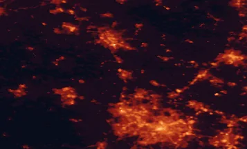 Satellite night-light map of the 50 km around Stafford, with Birmingham, Stoke-on-Trent and Wolverhampton marked