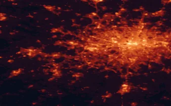 Satellite night-light map of the 50 km around Staines, with London, Slough and Islington marked
