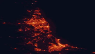 Satellite night-light map of the 50 km around Sunderland, with Newcastle upon Tyne, South Shields and Washington marked