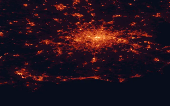 Satellite night-light map of the 100 km around the Surrey Hills, with London, Islington and Sutton marked
