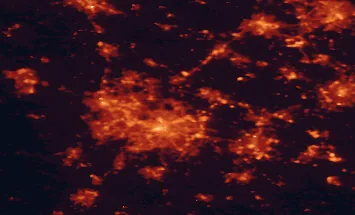 Satellite night-light map of the 50 km around Sutton Coldfield, with Birmingham, Coventry and Wolverhampton marked