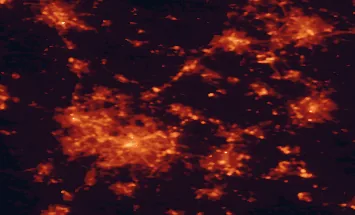 Satellite night-light map of the 50 km around Tamworth, with Birmingham, Coventry and Leicester marked