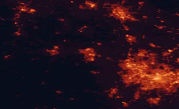 Satellite night-light map of the 50 km around Telford, with Birmingham, Wolverhampton and Stoke-on-Trent marked