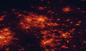 Satellite night-light map of the 50 km around Wakefield, with Leeds, Sheffield and Bradford marked