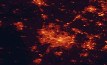 Satellite night-light map of the 50 km around Walsall, with Birmingham, Wolverhampton and Dudley marked