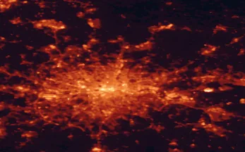 Satellite night-light map of the 50 km around Walthamstow, with London, Islington and Barking marked