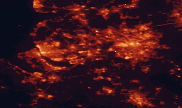 Satellite night-light map of the 50 km around Warrington, with Manchester, Liverpool and Birkenhead marked