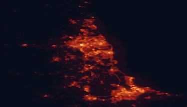 Satellite night-light map of the 50 km around Washington, with Newcastle upon Tyne, Sunderland and Gateshead marked
