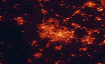 Satellite night-light map of the 50 km around West Bromwich, with Birmingham, Wolverhampton and Dudley marked