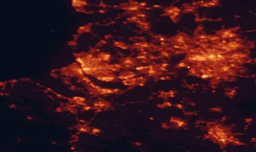 Satellite night-light map of the 50 km around Widnes, with Liverpool, Manchester and Birkenhead marked