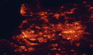Satellite night-light map of the 50 km around Wigan, with Manchester, Liverpool and Preston marked