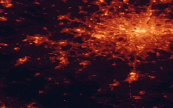 Satellite night-light map of the 50 km around Woking, with London, Reading and Islington marked