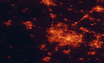 Satellite night-light map of the 50 km around Wolverhampton, with Birmingham, Dudley and Walsall marked