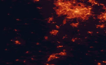 Satellite night-light map of the 50 km around Worcester, with Birmingham, Wolverhampton and Dudley marked