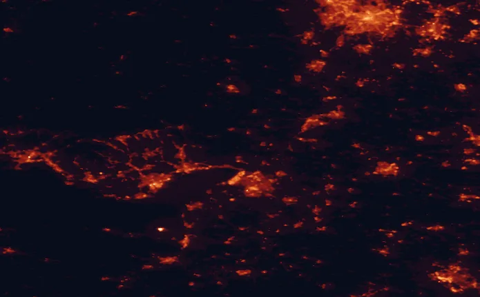 Satellite night-light map of the 100 km around the Wye Valley, with Bristol, Birmingham and Cardiff marked