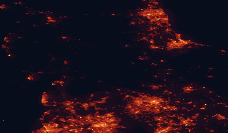 Satellite night-light map of the 100 km around the Yorkshire Dales, with Leeds, Manchester and Bradford marked