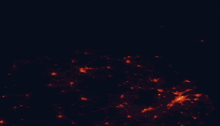 Satellite night-light map of the 100 km around Binevenagh, with Belfast, Derry and Lisburn marked
