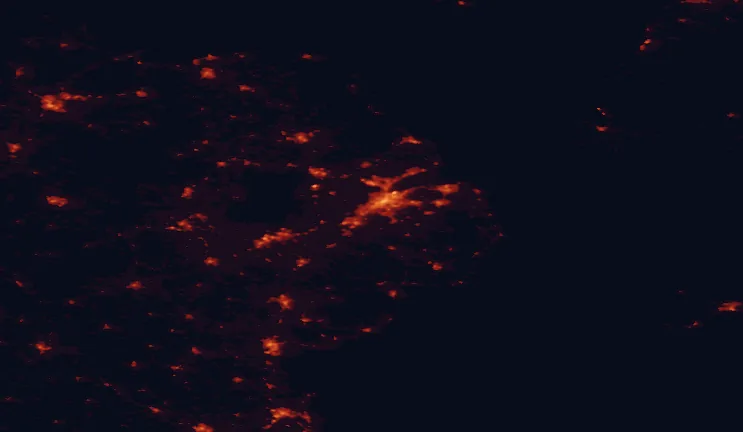 Satellite night-light map of the 100 km around the Lagan Valley, with Newtownabbey, Bangor and Craigavon marked