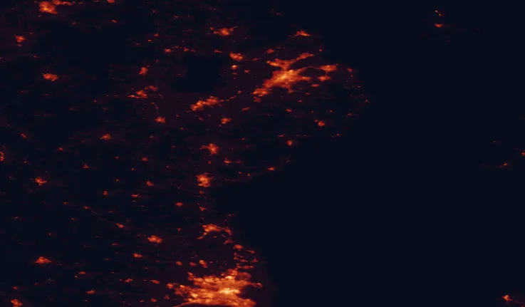 Satellite night-light map of the 100 km around the Mourne Mountains, with Dublin, Belfast and Lisburn marked