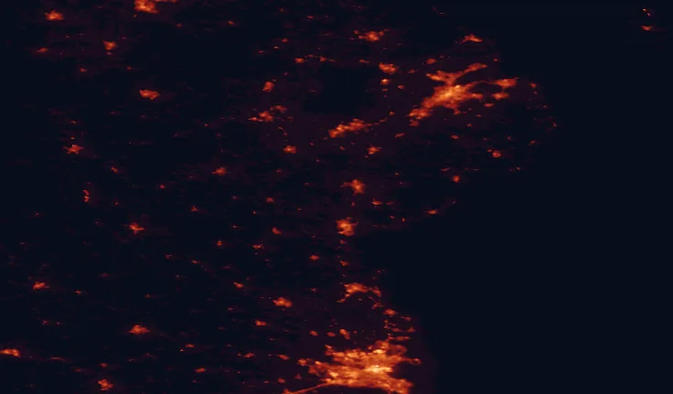 Satellite night-light map of the 100 km around the Ring of Gullion, with Dublin, Belfast and Dundalk marked
