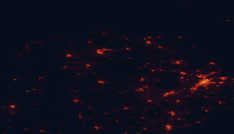 Satellite night-light map of the 100 km around the Sperrins, with Belfast, Derry and Lisburn marked
