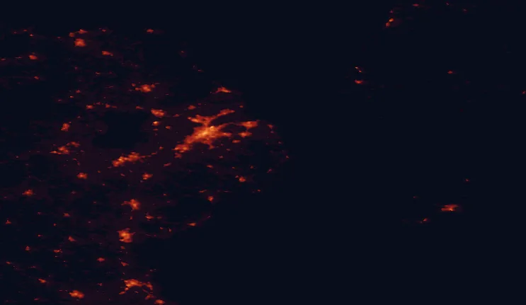 Satellite night-light map of the 100 km around Strangford Lough, with Belfast, Lisburn and Bangor marked