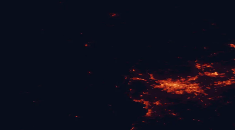 Satellite night-light map of the 100 km around Argyll Forest Park, with Glasgow, Paisley and Greenock marked