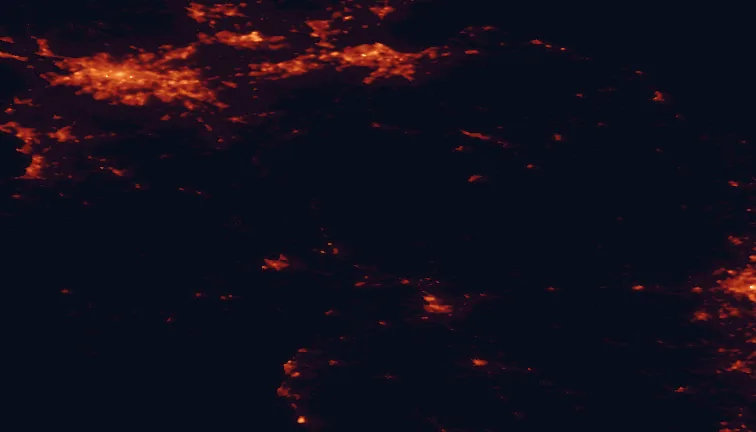 Satellite night-light map of the 100 km around Eskdalemuir, with Glasgow, Edinburgh and Carlisle marked