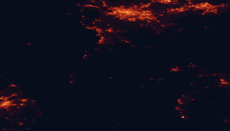 Satellite night-light map of the 100 km around Galloway Forest Park, with Glasgow, Edinburgh and East Kilbride marked